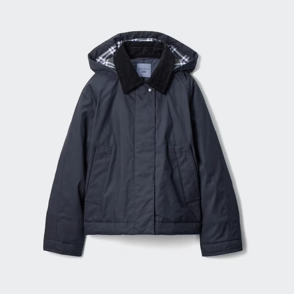 JW Anderson x Uniqlo Women's Hooded Collared Plaid Lining Short Jacket Navy S